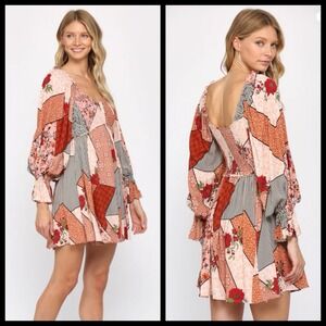 Fate Smocked Patchwork Dress Sz Large Boho Short Multi Pattern Floral Stripes